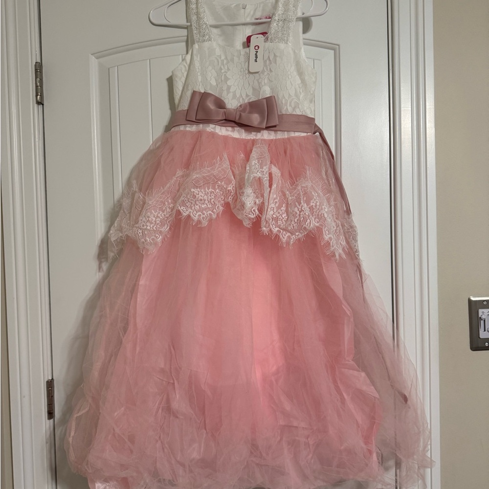Pink and White Lace Dress with Bow